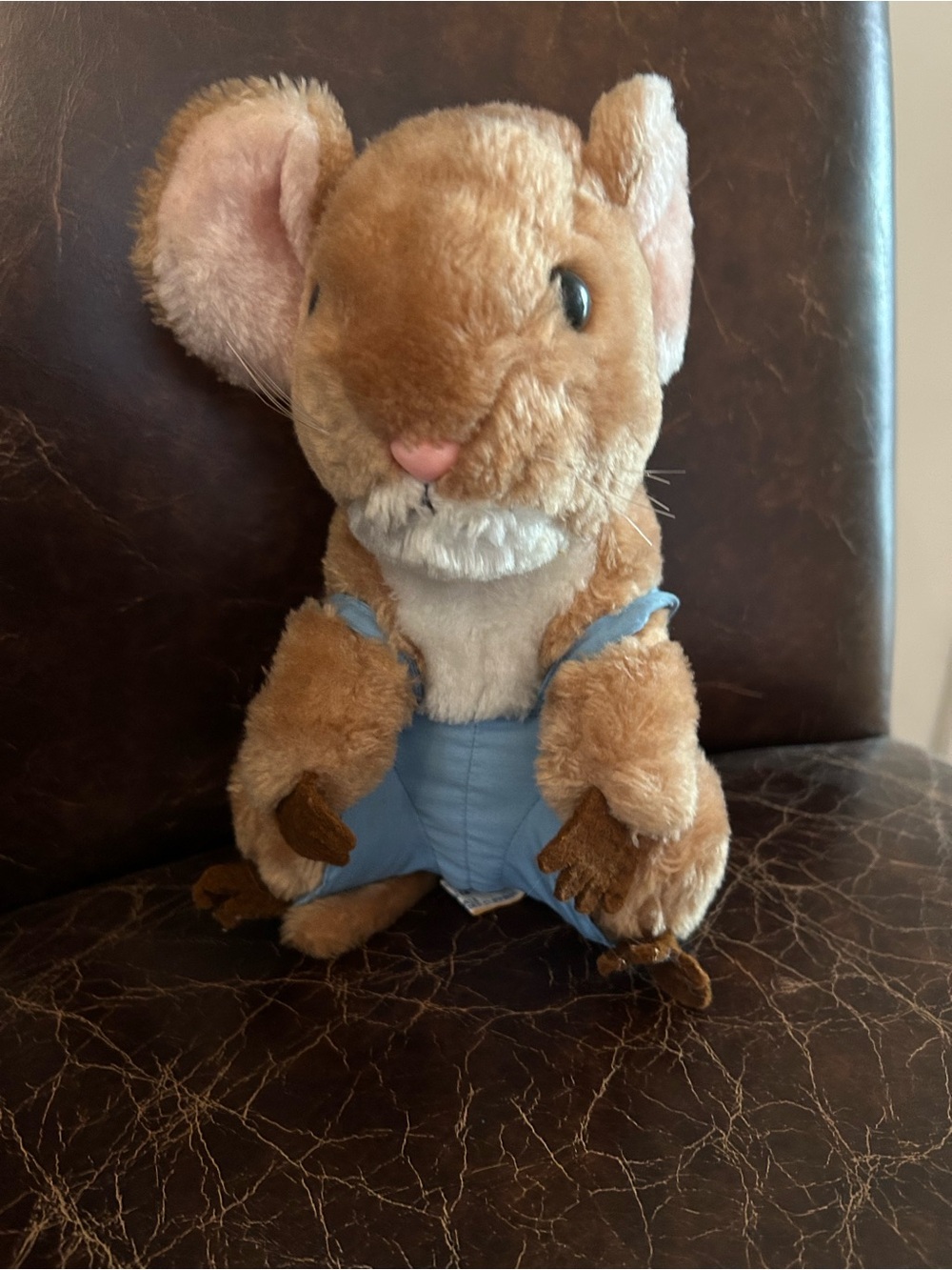 Vintage Plush Small Pet Mouse Toy in Light Brown with Blue Outfit 1981